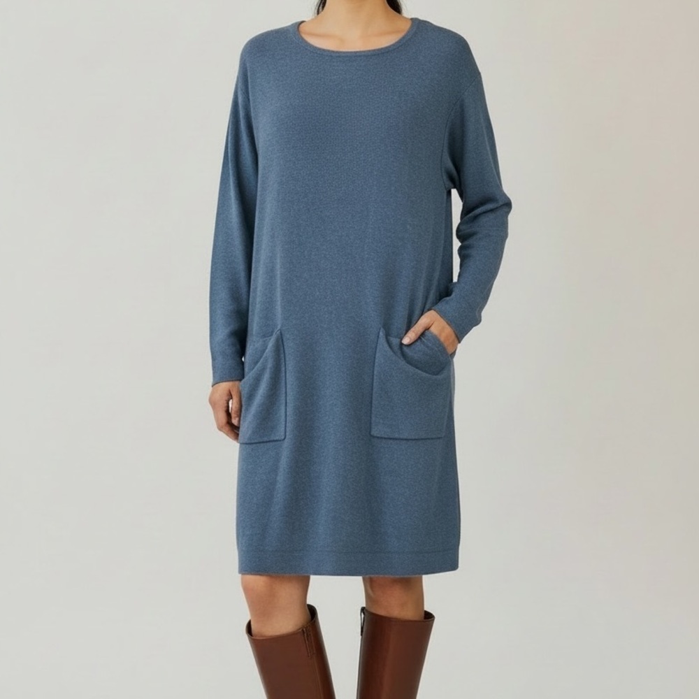 Pure Jill Diagonal Knit Seamed Cashmere Cotton Blend Blue Sweater Dress | Size M